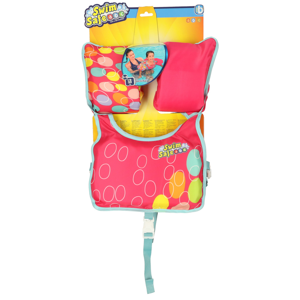 BESTWAY-32174-Kamizelka-dmuchana-do-plywania-kapok-z-rekawkami-rozowa-3-6lat-19-30kg-143955 AQUASTAR Ružová plavecká vesta s rukávmi – Obrázok 1