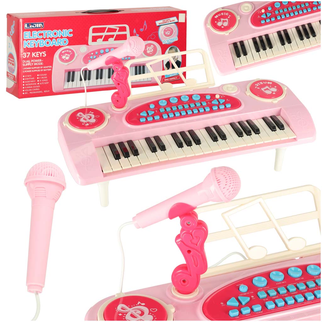 Keyboard-dla-dzieci-pianinko-interaktywne-organki-37-klawiszy-mikrofon-statyw-rozowe-173070 Klávesnica pre deti interaktívny klavír organ 37 klávesov mikrofón stojan ružová – Obrázok 1