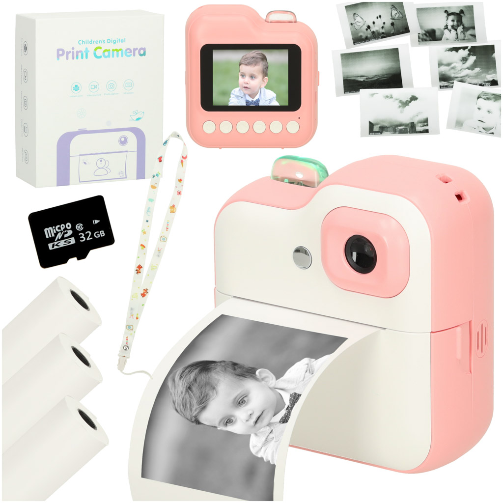 Aparat-natychmiastowy-drukarka-termiczna-rozowy-1GB-24mpx-159982 Instantný fotoaparát pre deti 1GB 24mpx biely – Obrázok 1