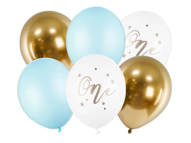 Balony-urodzinowe-Pastel-Light-Blue-bialy-zloty-niebieski-30cm-6-sztuk-132475 Narodeninové balóny Pastelová svetlomodrá biela zlatá modrá 30cm 6 ks – Obrázok 1