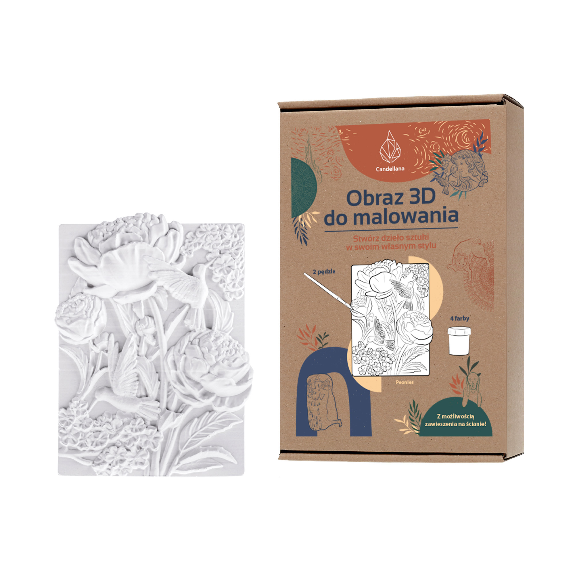 CANDELLANA-Kolorowanka-gipsowa-obraz3D-kwiaty-peon-136649 CANDELLANA Sada farieb a štetcov na vyfarbovanie obrázkov 3D kvety pivonky – Obrázok 1