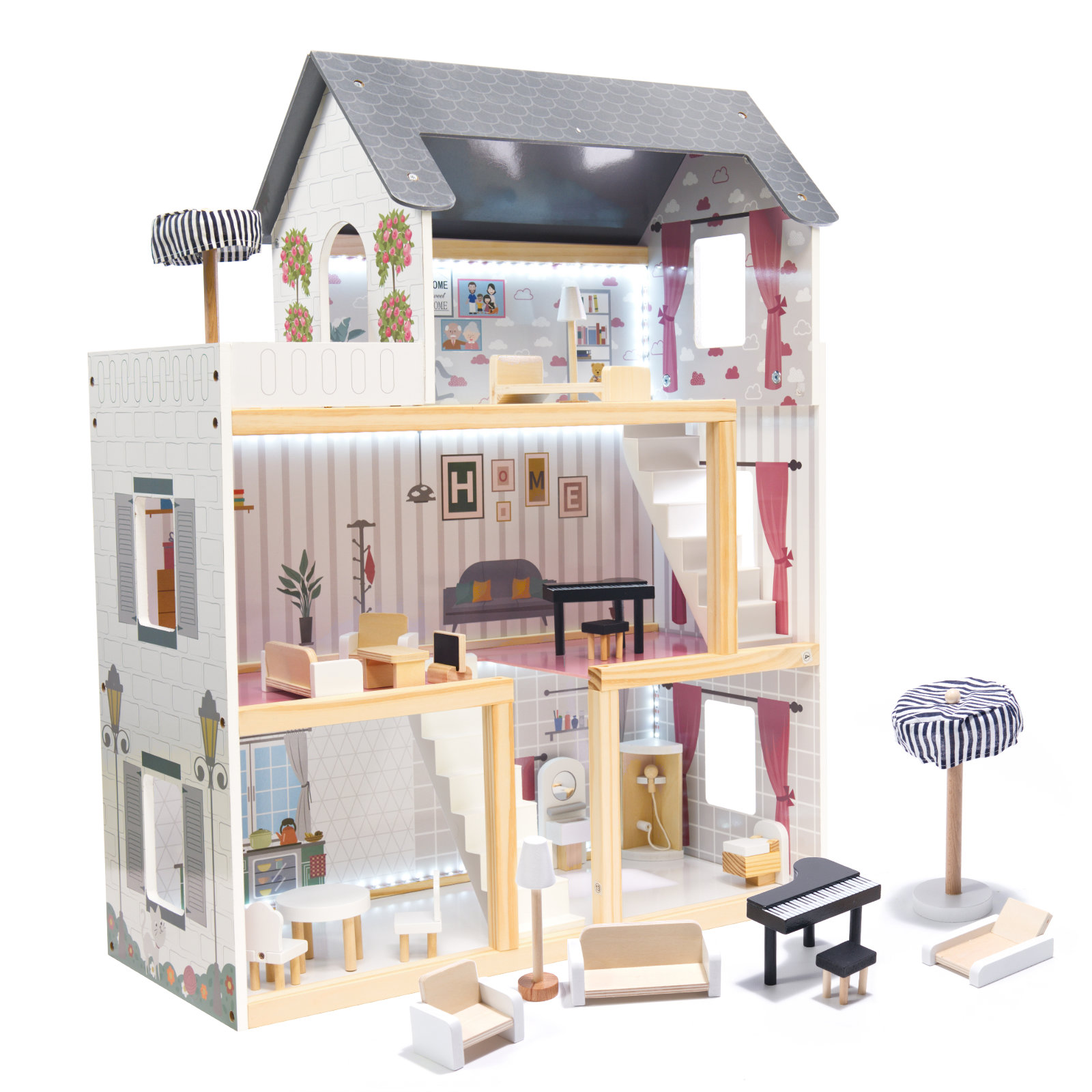 Domek-dla-lalek-MDF-drewniany-z-akcesoriami-LED-80cm-czarny-837911 MDF drevený domček pre bábiky + nábytok 78cm čierny LED – Obrázok 1