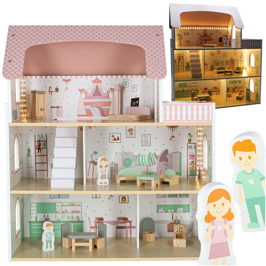 Domek-dla-lalek-drewniany-LULILO-Peonio-70cm-LED-roz-176199 LULILO Peonio drevený domček pre bábiky 70cm LED ružový – Obrázok 1