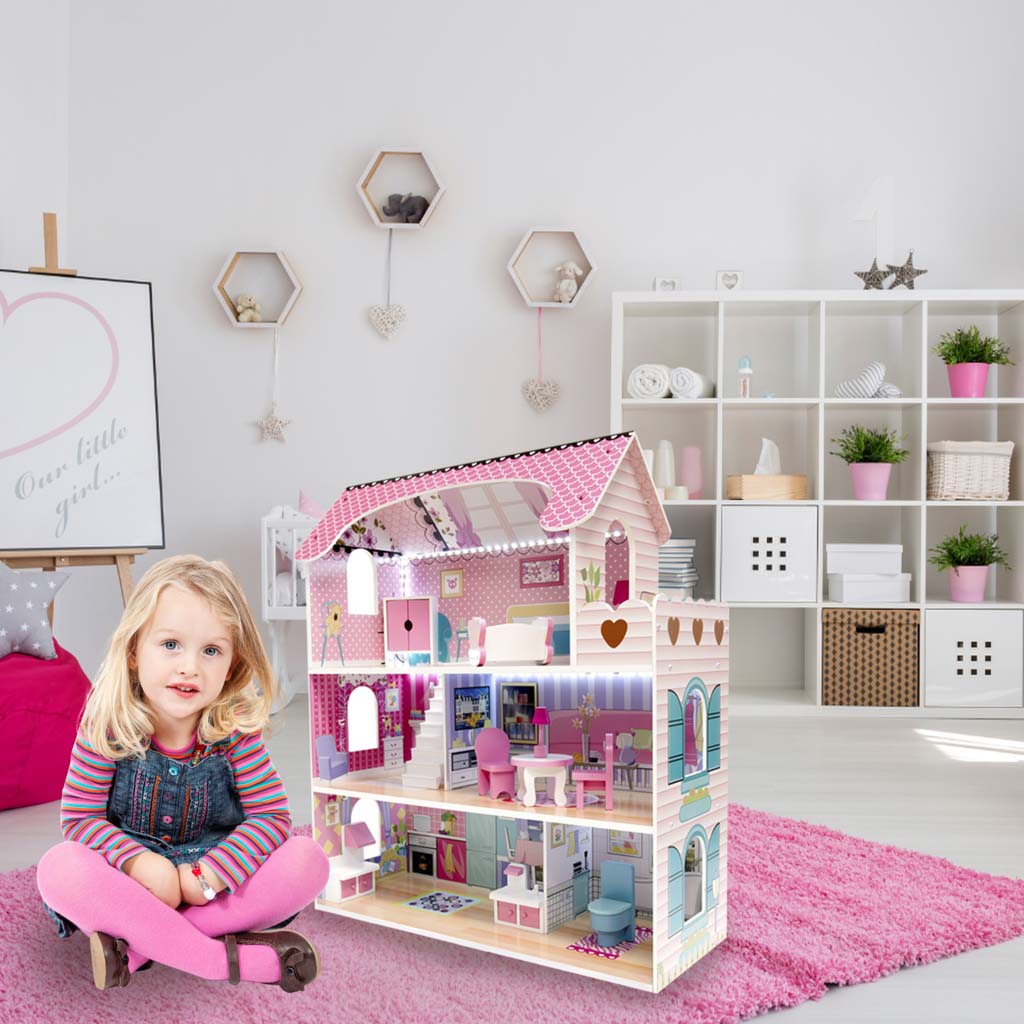 Domek-dla-lalek-drewniany-MDF-mebelki-70cm-rozowy-LED-175269 MDF drevený domček pre bábiky + nábytok 70cm ružový LED – Obrázok 1