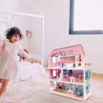 MDF drevený domček pre bábiky + nábytok 70cm ružový LED – Obrázok 2