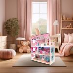 MDF drevený domček pre bábiky + nábytok 70cm ružový LED – Obrázok 3