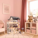 MDF drevený domček pre bábiky + nábytok 78cm čierny LED – Obrázok 21