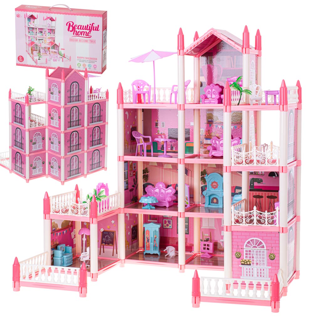Domek-dla-lalek-willa-rozowa-DIY-4-poziomy-mebelki-1069162 Domček pre bábiky ružová DIY 4 úrovne nábytku – Obrázok 1