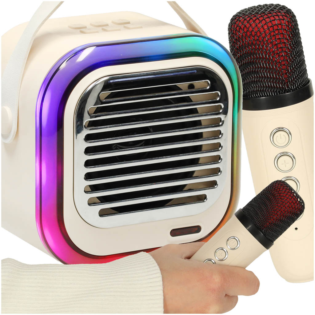 Glosnik-do-karaoke-USB-Bluetooth-kremowy-161122 Karaoke reproduktor USB Bluetooth cream – Obrázok 1