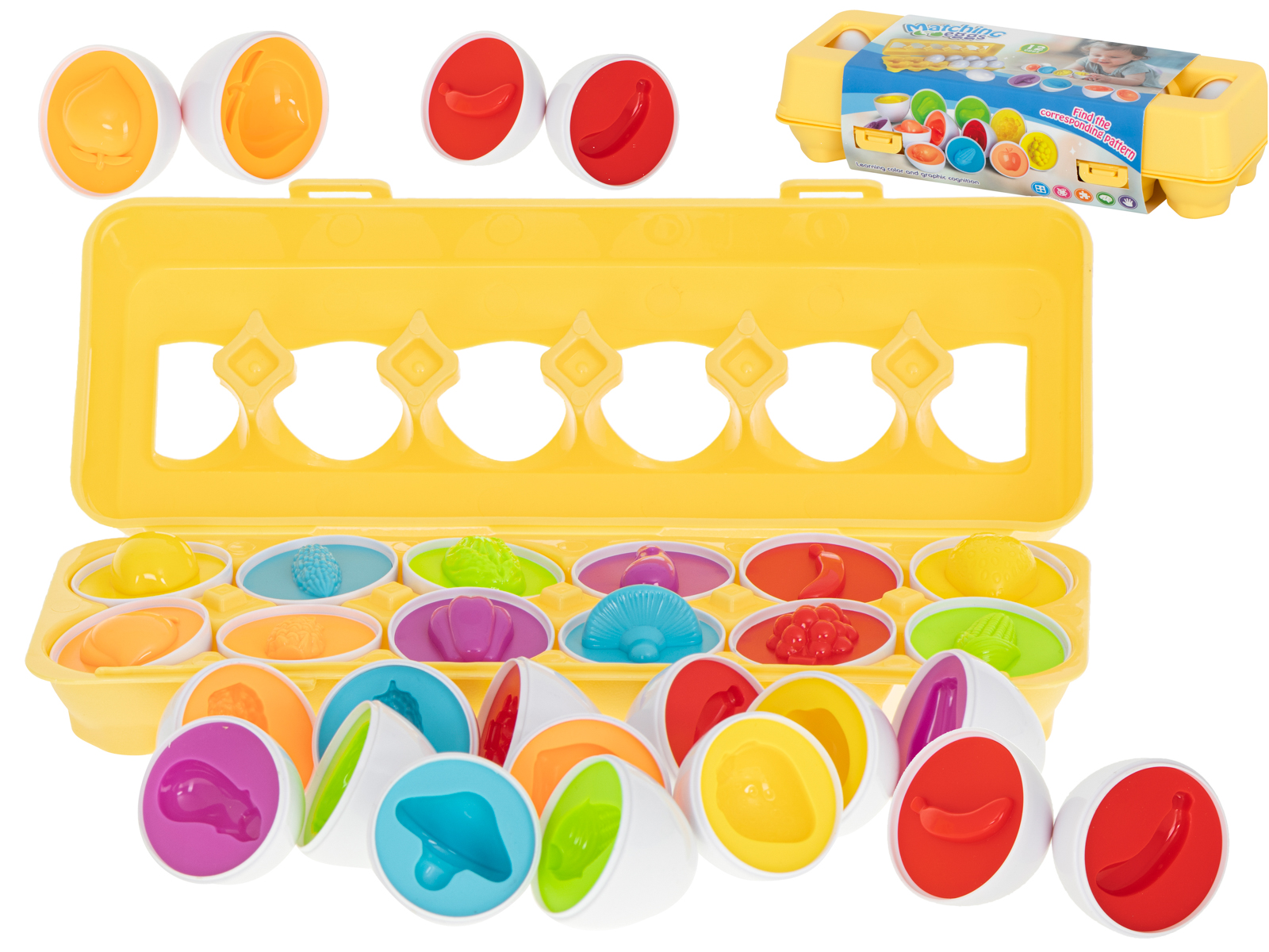 Puzzle-klocki-jajka-12-szt-wytlaczanka-Montessori-owoce-i-warzywa-907901 Vzdelávací triedič puzzle zodpovedajúce tvary ovocia vajíčka 12ks – Obrázok 1