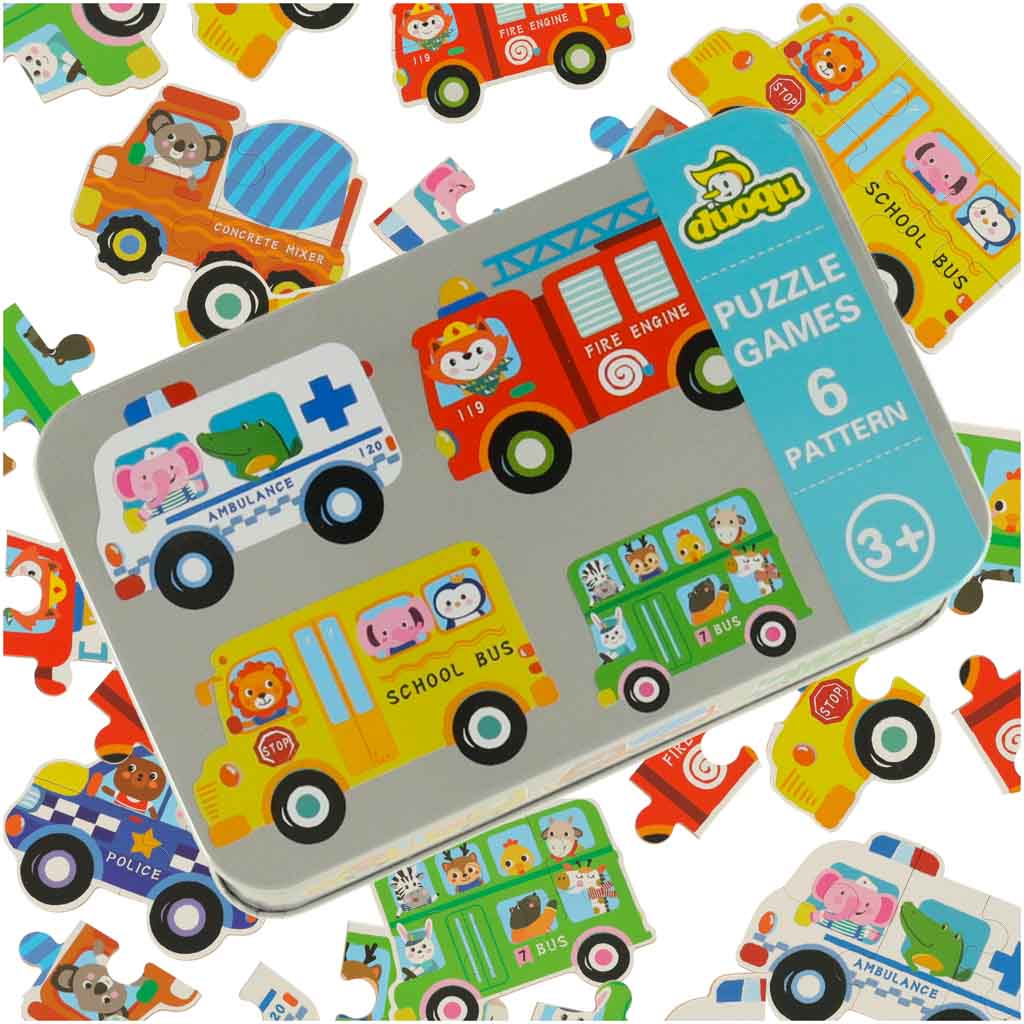 Puzzle-w-puszce-pojazdy-30-puzzli-170206 Konzervované puzzle vozidlá 30 puzzle – Obrázok 1