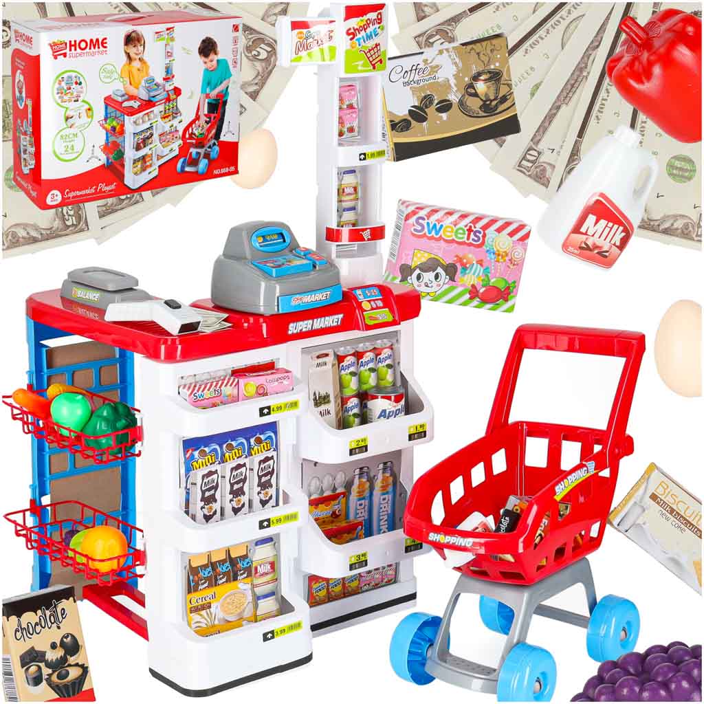 Sklep-dla-dzieci-supermarket-stragan-wozek-na-zakupy-akcesoria-175695 Pokladňa v supermarkete + vozík model 2 – Obrázok 1