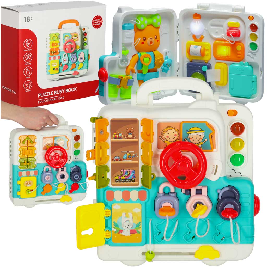 Tablica-manipulacyjna-sensoryczna-montessori-walizka-pokretla-mis-XXL-swiatlo-dzwiek-168268 Senzorická manipulačná tabuľa montessori montessori kľučky medvedík XXL svetlo zvuk – Obrázok 1