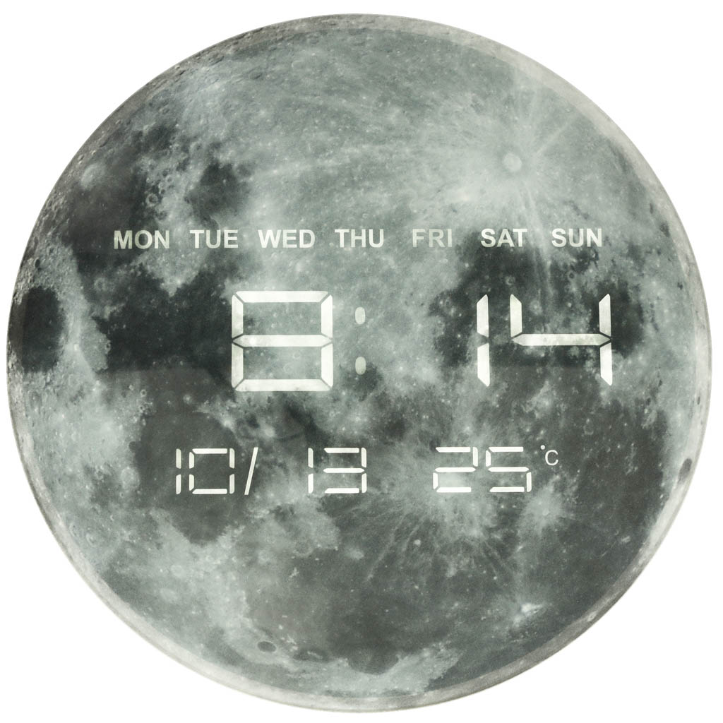 Zegar-scienny-planeta-ksiezyc-z-wyswietlaczem-LED-32-cm-szary-157524 Nástenné hodiny Planet moon sivé 32cm – Obrázok 1
